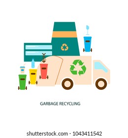 Garbage recycling icons isolated on white background. Rubbish containers, trash car and plant. Vector illustration eps 10
