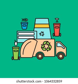 Garbage recycling icons isolated on white background. Rubbish containers, trash car and plant on dark green background. Icons in flat line design. Vector illustration eps 10