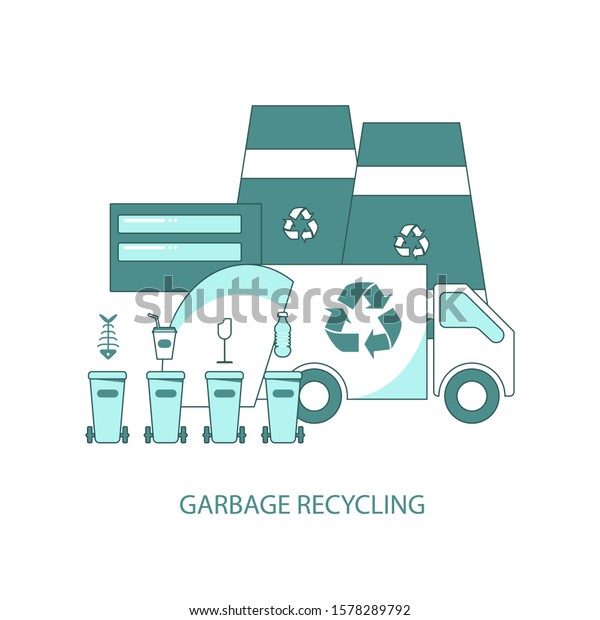 Garbage\
recycling icons isolated on white background. Rubbish containers,\
trash car and plant. Flat Art Vector\
Illustration