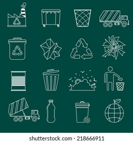 Garbage recycling icons outline set of landfill truck bottle isolated vector illustration