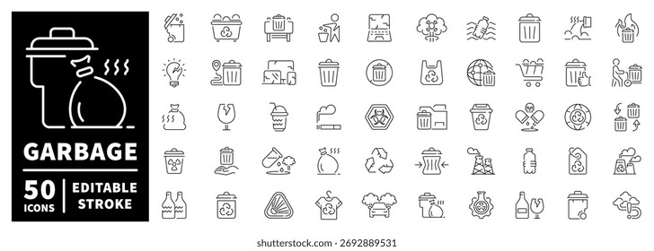 Conjunto de iconos de basura y reciclaje. iconos de línea editables, contorno, símbolos de gestión de residuos