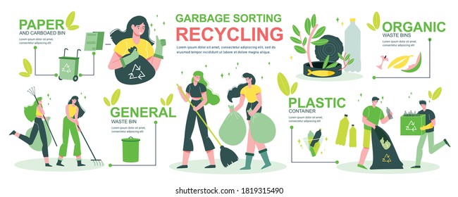 Garbage recycling infographics with people sorting household garden waste in organic bin plastic paper containers vector illustration 