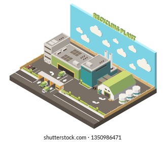 Garbage recycling isolated composition recycling plant headline and warehouse on piece of earth vector illustration