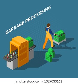 Garbage recycling isometric composition with conveyor machine processing waste into fuel with worker character and text vector illustration