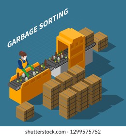 Garbage recycling isometric composition with female worker in uniform and automatic conveyor with waste and text vector illustration