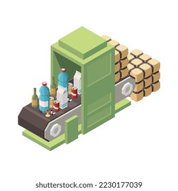 Isometrische Zusammensetzung des Müllrecyclings mit isoliertem Müll, der das Verarbeitungssymbol auf unscharfem Hintergrund, Vektorgrafik, speichert