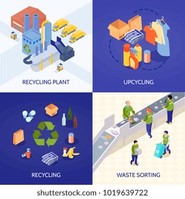 Garbage recycling isometric design concept with waste processing plant, upcycling, refuse sorting isolated vector illustration