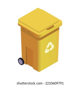 Icono isométrico de reciclaje de basura con contenedor amarillo Ilustración vectorial 3d