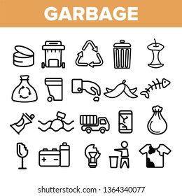 Garbage Recycling Linear Vector Icons Set. Trash, Garbage Thin Line Contour Symbols Pack. Earth Pollution Pictograms Collection. Environment Contamination. Hazardous Waste Outline Illustrations