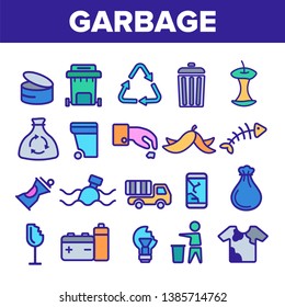 Garbage Recycling Linear Vector Icons Set. Trash, Garbage Thin Line Contour Symbols Pack. Earth Pollution Pictograms Collection. Environment Contamination. Hazardous Waste Outline Illustrations