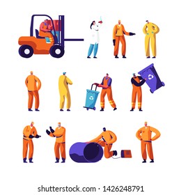 Garbage Recycling and Metallurgy Factory Workers Set. Ecology Protection and Pollution Industry Employees, Welder, Scavengers Collect Litter, Scientist with Test Flask Cartoon Flat Vector Illustration