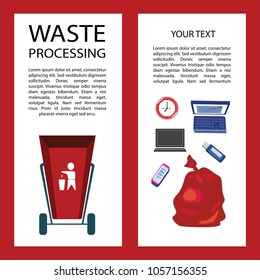 Garbage recycling poster. Separation of garbage. A red trash can. Elements of eco-logical icons. Computer, laptop batteries and mobile phone. Clock and a flash drive. Plastic waste. Vector 