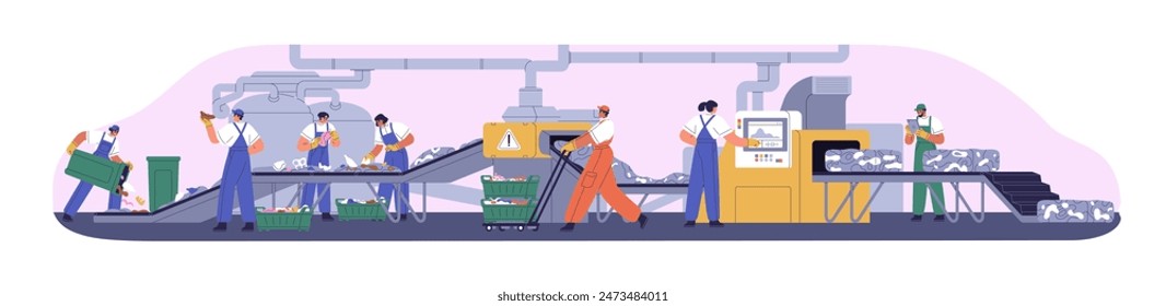 Garbage recycling process on conveyor belt at factory. Workers and automated machine sorting plastic trash. Waste separation at production line. Flat vector illustration isolated on white background