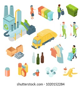 Garbage recycling set of isometric icons with waste processing plant, refuse truck, trash bins isolated vector illustration