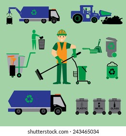 Garbage recycling set of trucks and containers