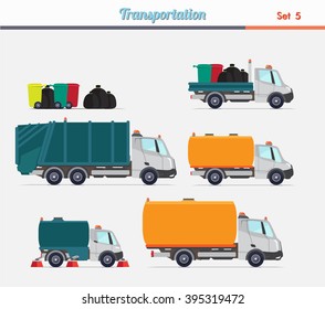 Garbage recycling set of trucks. Illustration