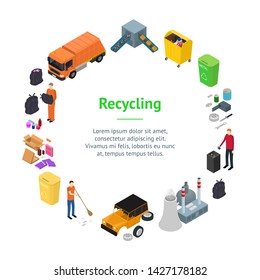 Garbage Recycling Signs 3d Banner Card Circle Isometric View Include of Bin, Trash, Truck and Factory. Vector illustration of Icon
