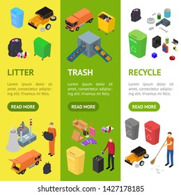 Garbage Recycling Signs 3d Banner Vecrtical Set Isometric View Include of Bin, Trash, Truck and Factory. Vector illustration of Icon