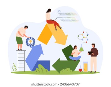 Tecnología de reciclaje de basura para la protección del medio ambiente mundial y el cuidado de la naturaleza. Persona pequeña y gran triángulo reciclan el símbolo con flechas, bombilla y material químico ilustración vectorial de dibujos animados