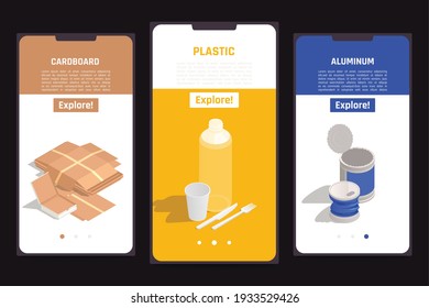 Garbage recycling three vertical banners with cardboard plastic aluminum isometric icons isolated vector illustration