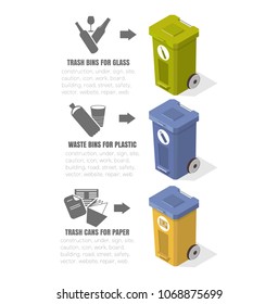 Garbage recycling, trash cans, ecology icons, vector illustrations, isometric drawings, cleaning, plastic tanks, low-poly images