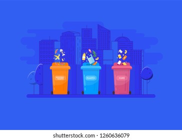 Garbage recycling and utilization concept. Collection of garbage cans with sorted garbage. 