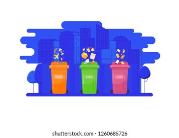Garbage recycling and utilization concept. Collection of garbage cans with sorted garbage. 