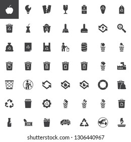 Garbage and recycling vector icons set, modern solid symbol collection, filled style pictogram pack. Signs logo illustration. Set includes icons as organic food waste, garbage bag, battery utilization