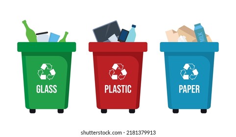 Garbage recycling vector illustration on a colored background. Trash can of e-waste, paper, organic, glass, plastic, metal