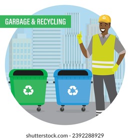 Garbage and recycling. Waste management concept. Empty сontainers for separate waste collection. Colorful trash cans, happy african american garbage collector in uniform. Flat vector illustration