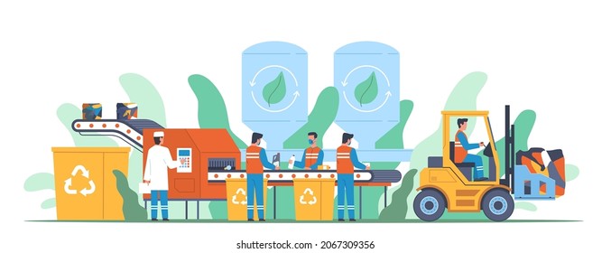 Garbage recycling. Waste sorting machine, trash conveyor, getting recyclables process, compress material for new products, refuse and reuse rubbish industry, vector cartoon flat concept - Shutterstock ID 2067309356
