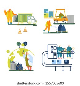 Garbage Recycling Working Process Set Isolated on White Background. Workers Collecting Litter to Truck, Sorting Trash on Factory, Scientist Testing Water in Flask. Cartoon Flat Vector Illustration