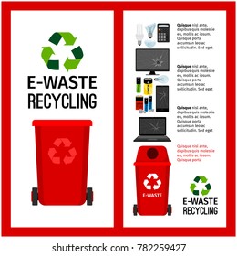 Garbage red container info with e-waste trash elements, vector illustration