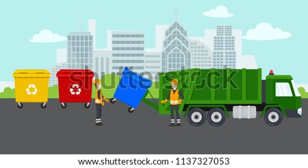 Garbage removal by happy workers. City landscape and containers with waste for recycling and sorting garbage concept. Waste management. Garbage truck and trash bins.Vector isolated illustration.
