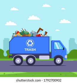 garbage removal by truck from the city to the landfill. flat vector illustration.
