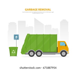 Garbage removal. Cartoon banner with garbage truck and dumpsters on the background the city skyline. Vector illustration in flat style.