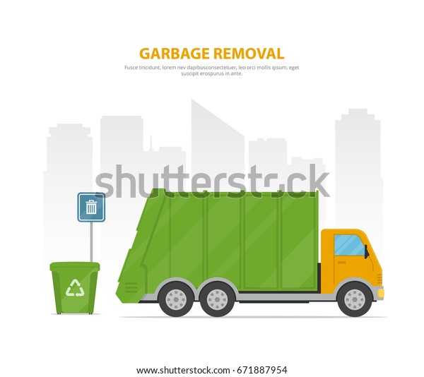 Garbage removal. Cartoon banner with garbage truck\
and dumpsters on the background the city skyline. Vector\
illustration in flat\
style.