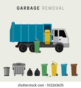 Garbage removal flat illustration. Banner with garbage truck and dumpsters.