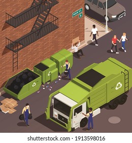 Garbage removal isometric background with male persons in uniform loading waste into truck from containers vector illustration