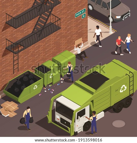 Garbage removal isometric background with male persons in uniform loading waste into truck from containers vector illustration