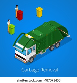 Garbage Removal With Isometric People And City Truck. Vector Illustration