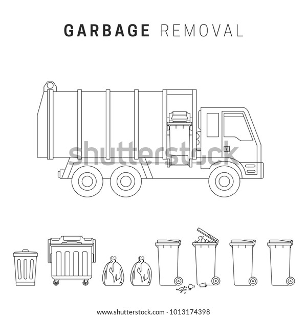 Garbage removal line illustration. Line\
drawings of garbage truck and\
dumpsters.