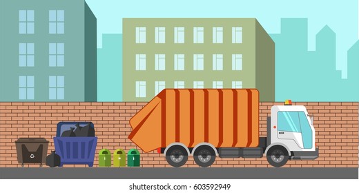Garbage removal municipal service machine or equipment. Dustcart or litter dust cart removing dumpsters or waste container bins. Vector city urban flat illustration