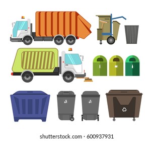 Garbage removal municipal service machinery equipment. Litter dumpsters or waste container bins and loader trucks or dustcarts. Vector isolated flat icons set