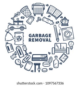 Garbage removal promo monochrome emblem with rubbish in circle