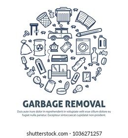 Garbage removal promotional poster with trash in circle