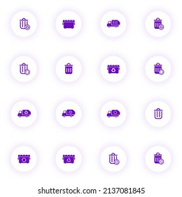 garbage removal purple color vector icons on light round buttons with purple shadow. garbage removal icon set for web, mobile apps, ui design and print
