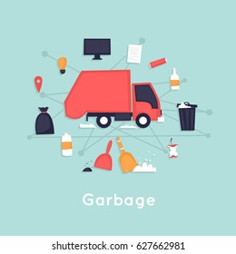 Garbage removal. Garbage truck. Flat vector illustration in cartoon style.