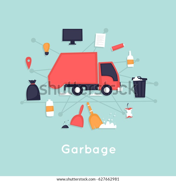 Garbage removal. Garbage truck. Flat vector\
illustration in cartoon\
style.