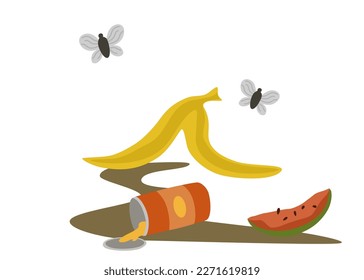 Garbage. Rotten food with flies. Rotten banana, watermelon, tin can and slop. Unsorted garbage in trash containers. Environmental disaster, garbage sorting. Vector cartoon Illustration. 